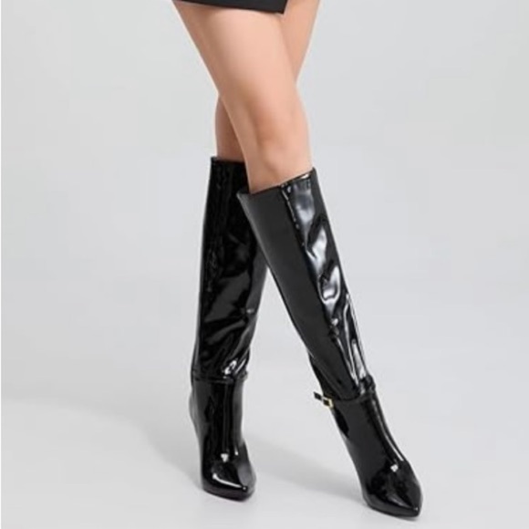 Patent Stilettos boots 4.3 in heel approx 16 tall, gold buckle, designer… - Picture 3 of 8